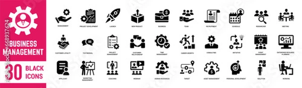 Fototapeta Business Management solid black icons set. Management, teamwork, planning, strategy, business, training, vision, mission, marketing and employee. Vector illustration.