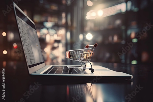 Obraz Online shopping, digital shopping cart, e-commerce, person typing on a laptop, to buy products & services on a website, portal, internet sales, virtual store, marketplace, checkout, payment, order,