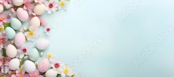 Fototapeta Colorful Easter egg side border on blue background. Happy Easter concept. Pastel color eggs and flowers. Banner with blank space for text. Flat lay top view. Generated by artificial intelligence