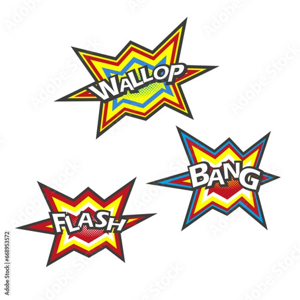 Obraz Comic signs flash, bang, wallop sound effect. Speech bubbles in pop art. Vector graphic