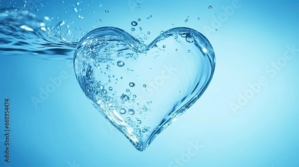 Fototapeta Water and water line on left side in the shape of a heart over blue background. Symbolizing hydration, clean water and water conservation.