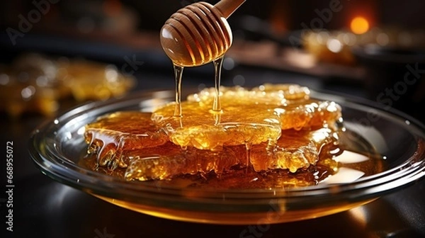 Fototapeta Honey dripping from honey dipper in wooden bowl. Close-up. Healthy organic Thick honey dipping from the wooden honey spoon, closeup