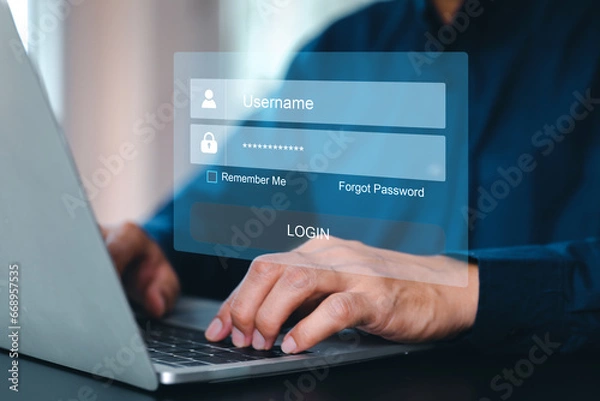 Fototapeta Businessman use laptop and touch screen login username and password identity or sign up register of cyber security internet access join social or personal data protection or forget pass key unlock.