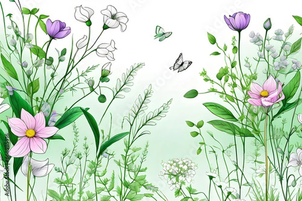 Fototapeta Butterflies fly across a summer flower landscape in full bloom. Generative AI.