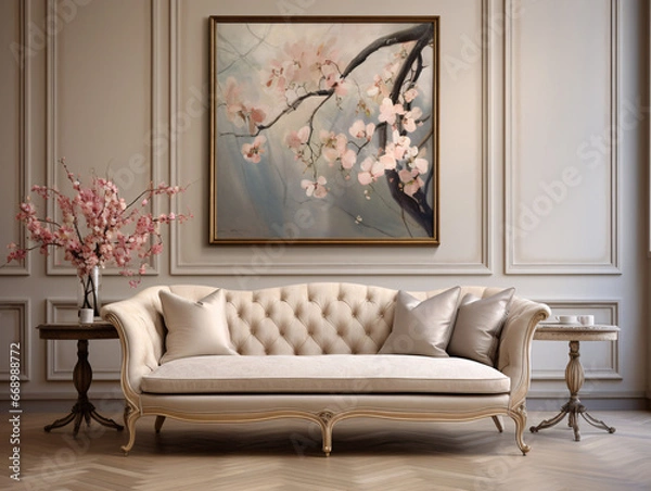 Fototapeta Beige Cabriole Sofa with Curves: Focus on Legs in Room
