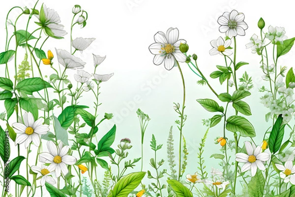 Fototapeta White flowers were in full bloom in the field. Basking in the refreshing sunlight and swaying in the wind, Generative AI.