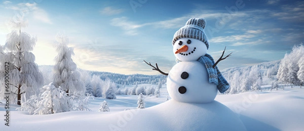 Fototapeta 3D render of snowman with winter landscape, Generative ai