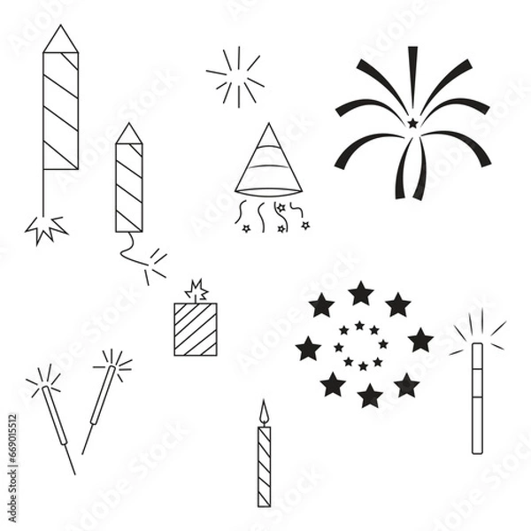Fototapeta set of firework icons. Fireworks with stars and sparks isolated on white background.