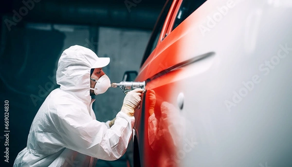 Obraz A car painter in a white protective suit paints a car with red spray paint.