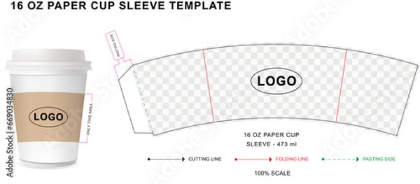 Fototapeta Paper cup sleeve die cut template for 16 ounce with 3D blank vector mockup for food packaging