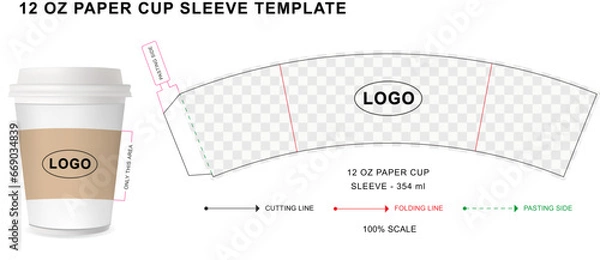 Fototapeta Paper cup sleeve die cut template for 12 ounce with 3D blank vector mockup for food packaging