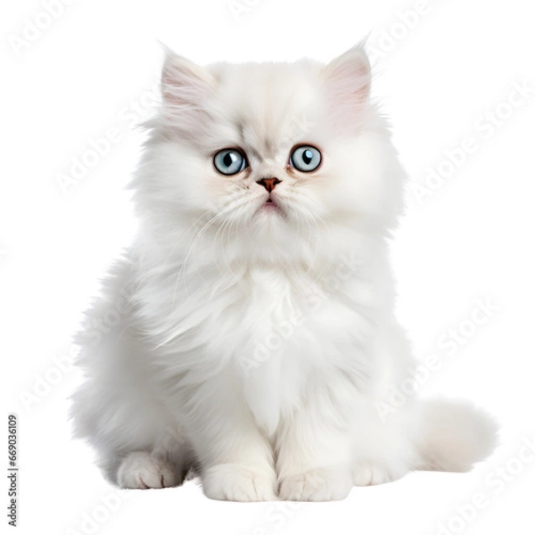 Fototapeta Cute white persian cat, sitting kitten isolated on transparent background Generative AI