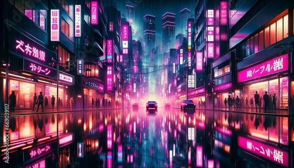 Fototapeta Neon-lit Cyberpunk Cityscape: Futuristic Japanese Metropolis in the Rain.