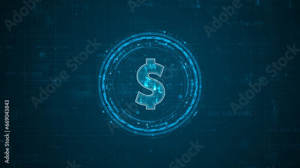 Fototapeta Blue digital money logo with rotation HUD UI circle technology interface and futuristic elements abstract background crypto currency finance and digital money concepts
