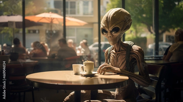 Fototapeta An alien having a coffee in a sunny cafe