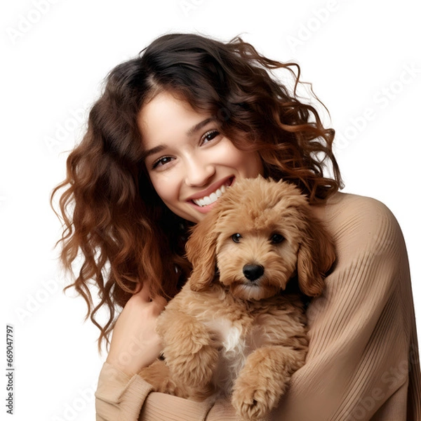 Fototapeta Happy young woman with hugging cute puppy, smiling as pet owner holding dog with love and care in studio, isolated on transparent background Generative AI