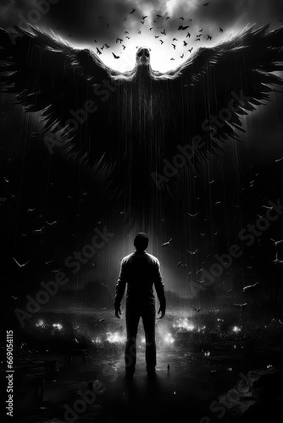 Obraz A Monochromatic Poster Illustration Depicting the Menacing Interplay of an Evil Demon, Ghost, and the Inevitability of Death - Generative AI
