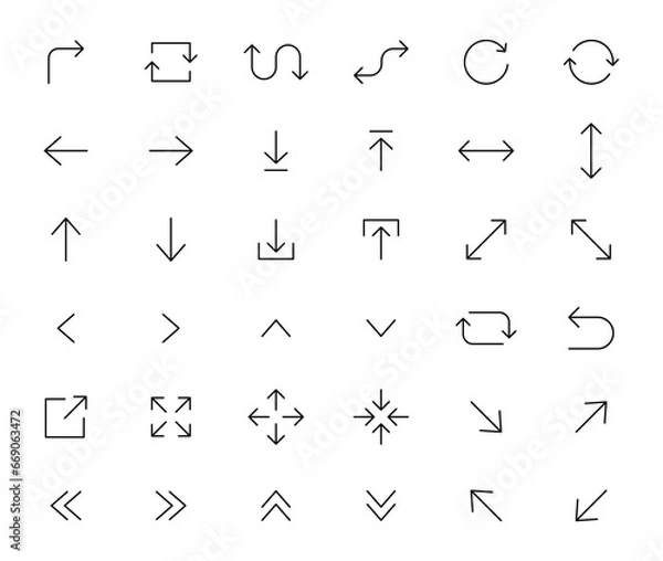 Fototapeta Arrows icons set. Line arrows. Vector arrows of various shapes and directions. Arrow for interface website and app. Editable stroke.