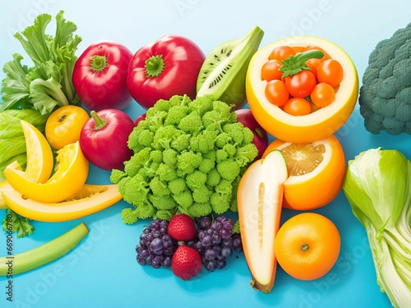 Fototapeta Top view of organic vegetables with fresh ingredents for healthy meals