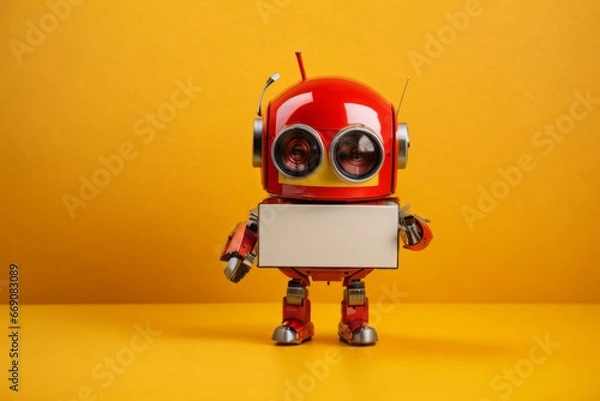 Fototapeta petit robot jaune avec une pancarte vierge sur la poitrine