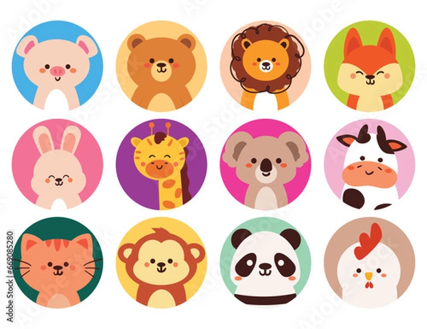Obraz set of hand drawing cartoon animals sticker set. cute animal drawing for sticker, icon