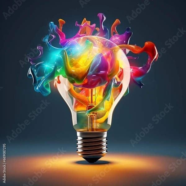 Fototapeta Creative light bulb explodes with colorful paint and colors. new idea, brainstorming concept ai generated