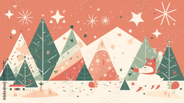 Fototapeta Illustration of winter tree forest christmas scene. White seasonal landscape background.