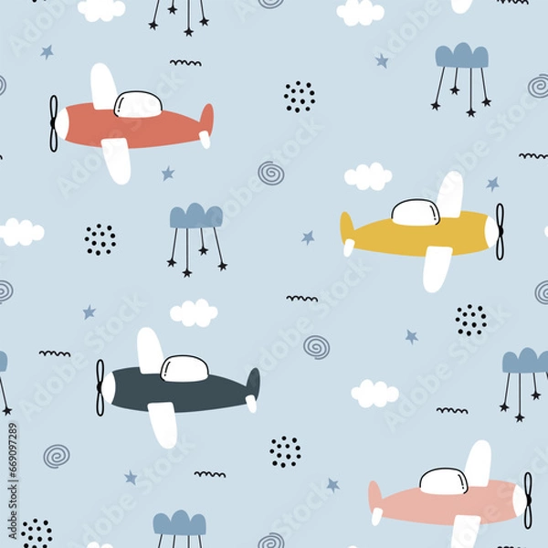 Obraz Plane with sky baby seamless pattern hand drawn cute cartoon background for kid