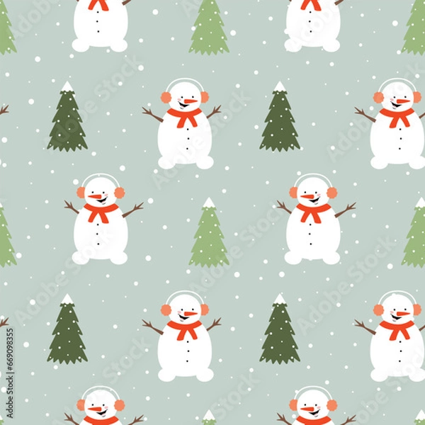 Fototapeta Seamless pattern with cute snowman, christmas tree and snowflakes. Vector flat design for wrapper, fabric, wallpaper.