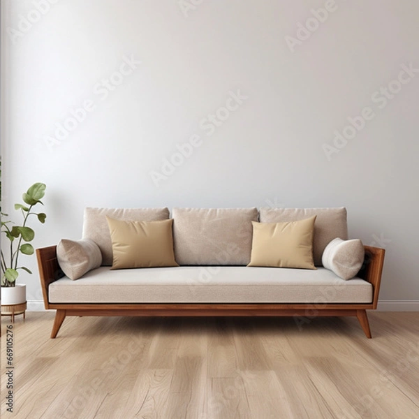 Fototapeta a Scandinavian-style sofa. the color of the sofa seat is beige, the sides are brown.