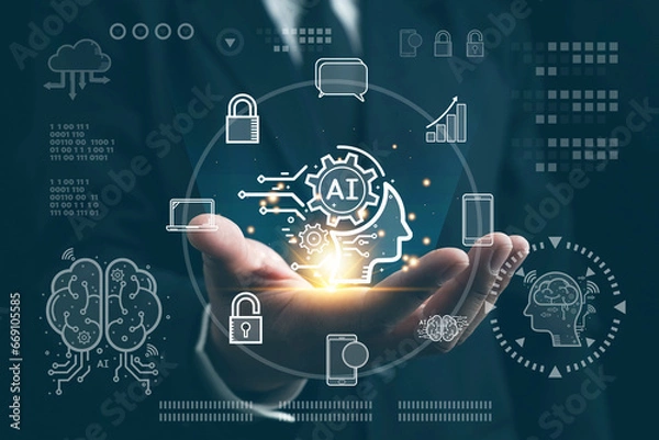 Obraz Artificial Intelligence, Chatbot Chat with AI,man using technology smart robot AI, Ai , businessman using technology Global Internet connect Chatgpt Chat with AI, Futuristic technology transformation.