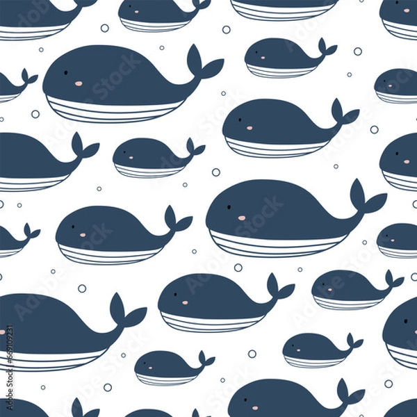 Obraz Nursery seamless pattern blue whale hand drawn design in cartoon style Use for textiles, prints, wallpapers, vector illustrations