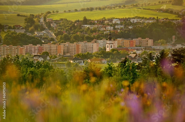 Obraz Tranquil view of town Myjava, rural landscape with the flecks of blooming flowers in the foreground - Slovakia, Europe - Image