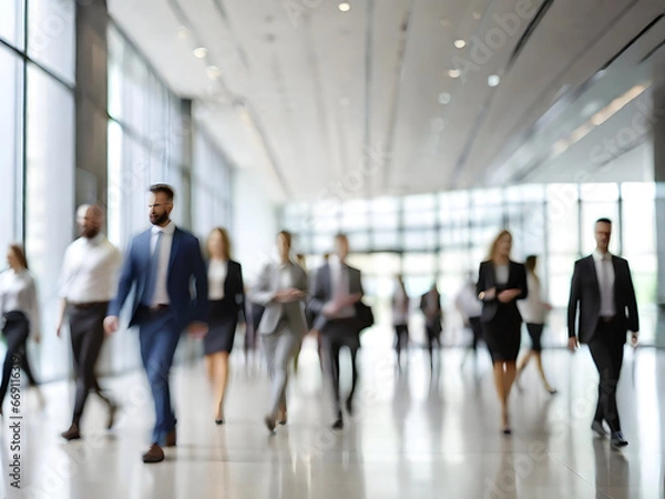 Fototapeta Long exposure shot of crowd of business people walking in bright office lobby fast moving with blurry, Generative AI