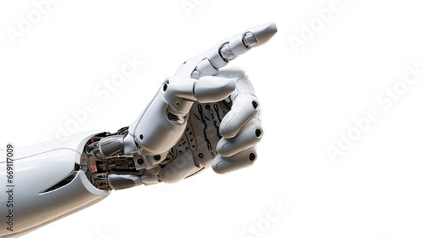 Fototapeta White cyborg robotic hand  finger - 3D rendering isolated on free PNG background.