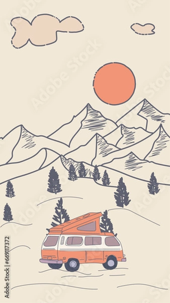 Obraz  van traveling in the adventure graphic illustration and camping tent