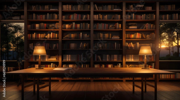Fototapeta Luxury library interior with bookshelves, coffee table, leather armchairs and vintage bookcase.