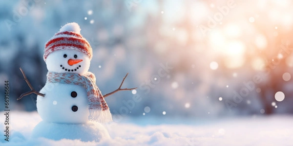 Fototapeta Merry Christmas and happy new year concept, Happy snowman standing in Christmas winter background, Copy space, generative ai