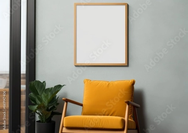 Fototapeta Wall art empty picture frame mockup on wooden desk, wall, table. Vase with olive branches, cactus. Elegant working space, home office concept.