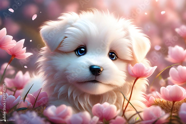 Fototapeta There is a baby puppy. The fur is soft. Draw realistically and delicately. Cute and lovely. Petals fall. Generative AI.