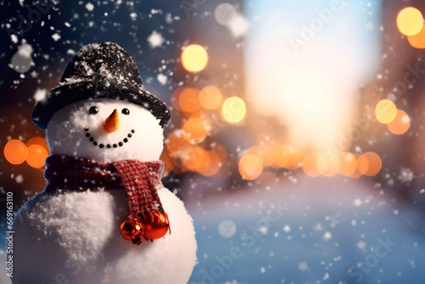 Fototapeta Christmas snowman, with carrot nose, hat and scarf, a charming presence in the festive scene.