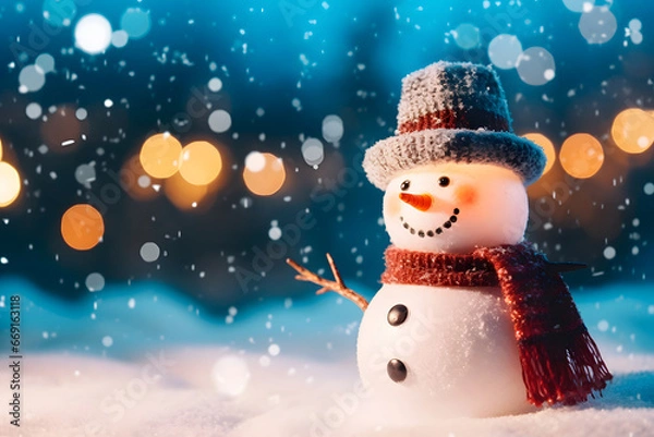 Fototapeta Christmas snowman, with carrot nose, hat and scarf, a charming presence in the festive scene.