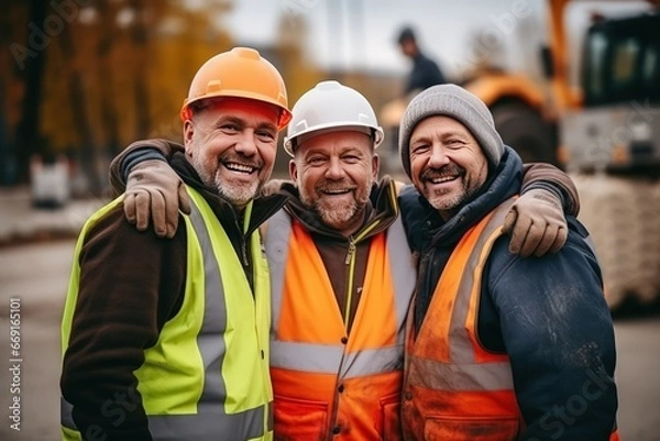 Fototapeta Men builders in reflective vests and helmets pose for photo smiling during work break. Cheerful workers friends in warm uniforms stand on construction site with operating tractor