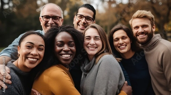 Fototapeta Diverse assembly consisting of people of all ages races and backgrounds comes for group pose hugging. People of various nationalities join in collective hug showing unity and smiling