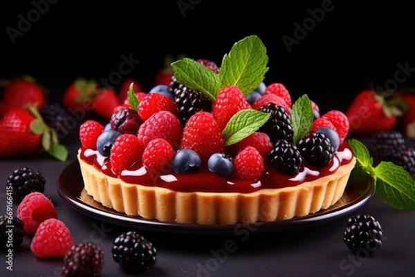 Fototapeta A Delicious Berry Tart with Fresh Mint Leaves Created With Generative AI Technology