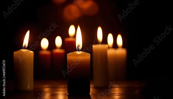 Fototapeta candle light in the middle of a dark room with no people fire makes different figures dark shadows on the background  style