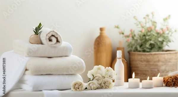 Obraz Serene Spa Ambiance: Towels and Herbal Treatments in White Space. Generative ai