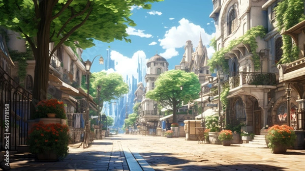 Fototapeta Illustration of japanese or fantasy eastern landscape. Street of a small city. Anime Like background. Digital painting. For Poster, invitation, flyer, banner, email, header. Generative Ai content