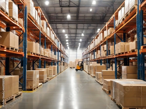 Fototapeta Retail warehouse full of shelves with goods in cartons, with pallets and forklifts. Logistics and transportation blurred background. Product distribution center.