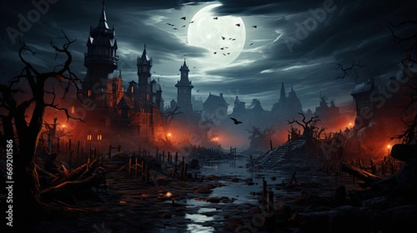 Fototapeta A cemetery covered in fog and gnarled trees under the light of a full Halloween moon